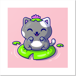 Cute Cat Sitting On Leaf Cartoon Vector Icon Illustration Posters and Art